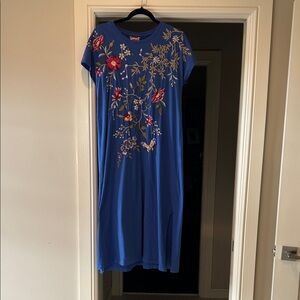 Floral Embroidered Blue Tshirt Dress